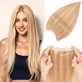 TESS Human Hair Extensions Adjustable Invisible Transparent Wire with 2 Secure Clips Natural Real Straight Hair for Women UK 65g 18 inch #12P613 Golden Brown & Bleach Blonde