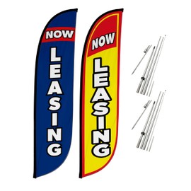 LookOurWay Real Estate Themed Feather Flag Pole Kit 2-Pack - 12 Feet Tall Now Leasing Advertising Flags with 2 Banners, 2 Pole Sets, and 2 Ground Spikes (Now Leasing Blue, Now Leasing Yellow)