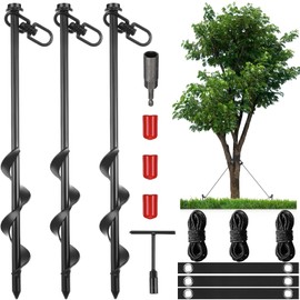 Lasnten 3 Set Tree Stake Kits Heavy Duty Tree Staking and Supports Straps Ties for Straightening Leaning Young Trees Stabilizer Metal Spiral Stakes Anchors Protects from Bad Weather (Black)