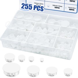 255PCS 8 Sizes White Plastic Hole Plugs, Round Drilling Hole Cover Plugs for Cabinet Shelves, Flush Type Panel Knockout Locking Plastic Plugs Insert End Caps (1/4" 5/16" 3/8" 1/2" 5/8" 3/4" 7/8" 1")
