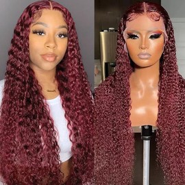 30 Inch Deep Wave Burgundy Lace Front Wigs Human Hair Wave HD Lace Front Wigs Human Hair Pre Plucked, 99j Burgundy Deep Wave Wig 180% Density Curly Glueless Human Hair Lace Front Wigs For Women