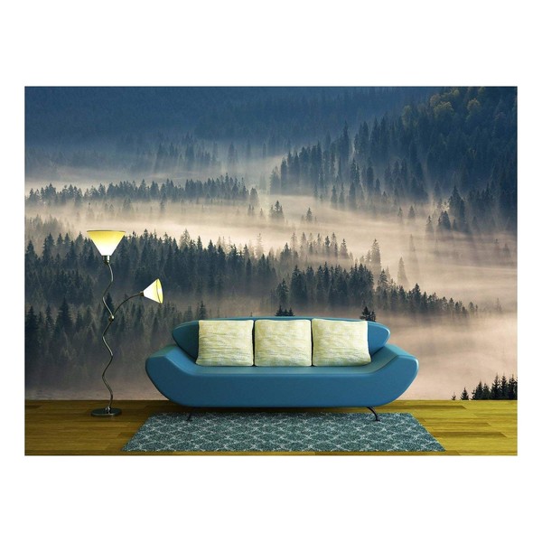 wall26 - fir Trees on a Meadow Down The Will to coniferous Forest in Foggy Mountains - Removable Wall Mural | Self-Adhesive Large Wallpaper - 100x144 inches