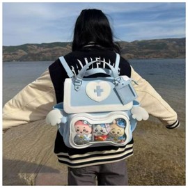 Vobomo Cute Puppy Bone Ita Bag Y2k Aesthetic Cute Backpack Waterproof PU Leather Backpack Cross and Angel Wings Ita Bag (Llight blue)
