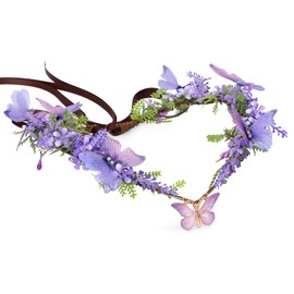 MOSTORY Purple Butterfly Fairy Flower Crown for Women, Woodland Elf Floral Headpiece for Renaissance Photo Shoot