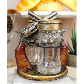 Ebros Gift Rustic Western Cowboy Outlaw Decorative Dual Six Shooter Gun Pistols Decorative Base Holder with Bullet Casing Top Glass Salt and Pepper Shakers Sculpted Resin Figurine Set
