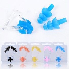 Waterproof Swimming Earplugs & Nose Clip Set with Diving Rope for Adults & Kids (Unisex) Pink Bag 10ea