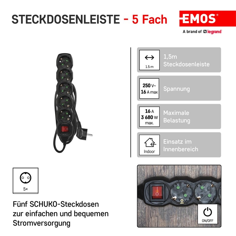 EMOS - 5-way power strip 1,5m - with switch -