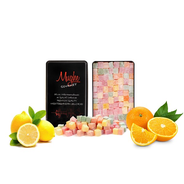 Luxury Turkish Delight Candy Gift Basket 26.46oz ℮ 750g (No Nuts) Approx. 90 Pieces, Thanksgiving, Christmas Holiday Food Gifts for Dad, Mum, Birthday in Stylish Elegant Tin Box, 5 Traditional Unique Flavors MUGHE GOURMET