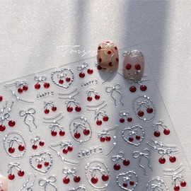 Red Cherry Nail Sticker 5D Embossed Silver Cherry Bow Nails Art Sticker Self Adhesive Nail Decals Cute Summer Nail Art for Women Manicure Supplies Nails Art Decorations