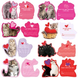 48 Sets Valentine's Day Cards Scratch & Sniff Strawberry Scented Valentine Cards Cat Kitten Pet Love Cards with Envelopes and Heart Stickers Tattoo for Kids Party Favor School Classroom Gift Exchange