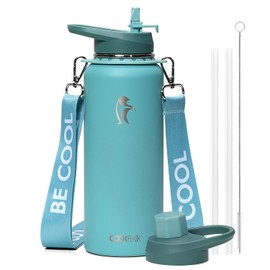 Coolflask Water Bottle 40 oz with Strap, Insulated Metal Water Flask with Straw & Spout Lids, Stainless Steel Double Wall Vacuum, Keep Cold 48h Hot 24h, Leak Proof & Non-BPA, Agate Green