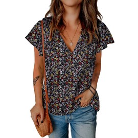 SimpleFun Womens Fashion Tops 2024 Summer Trendy for Work Elegant Vneck Office Clothes (S-Floral Black,M)