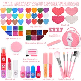 66 Pcs Kids Makeup Sets For Girls with Portable Stand,Make Up Starter Kit Children Princess Pretend Play Games Toys Presents,Little Girl Birthday Gifts Set For Age 3 4 5 6 7 8 9 10 11 12 Years Old