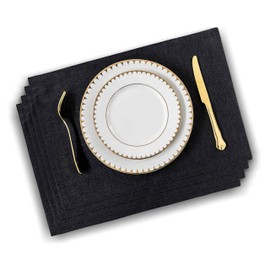 Home Brilliant Place Mats Black Set of 4, Heat Insulation Faux Linen Table Mats, Kitchen Decor Solid Placemats for Dining/Kitchen Table, 33 x 48 cm, Black
