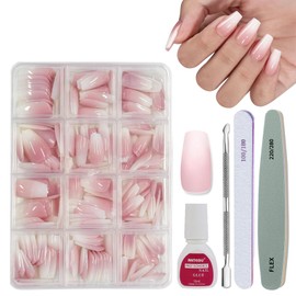 DMQ False Nails Kit with Glue, 240Pcs Natural Gradient Pink Fake Nails, Acrylic Coffin Press on Nails Pink Tips, 12 Sizes Glossy Full Cover Stick on Nails for Women Girls Nails Art