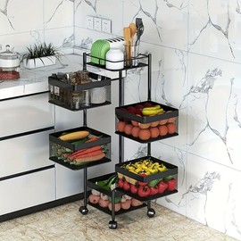 Rotating Kitchen Storage Shelf 5 Tier, Metal Fruit Vegetable Storage Basket Multi-Layer Vegetable Rack Storage Trolley on Wheels, Floor-Standing Basket for Kitchen Bathroom, Square shelf - Color: white