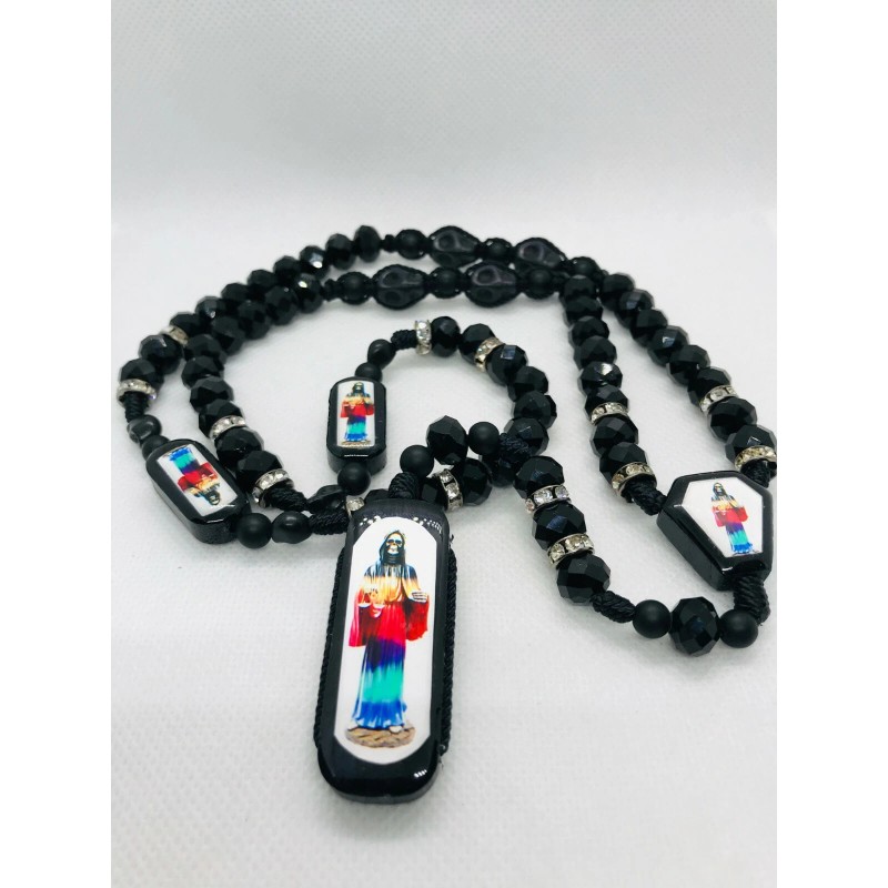Rosario Santa Muerte 7 potencias Cristal Negro Rosary Holy Death