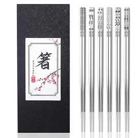Stainless Steel Chopsticks, Reusable Metal Chopsticks Square Lightweight Chopsticks Set Dishwasher Safe - 6 Pairs (Silver)