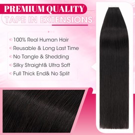 MY-LADY Invisible Tape in Hair Extensions Human Hair - 20pcs Remy Straight Real Hair #1B Natural Black - 24 Inch 50g