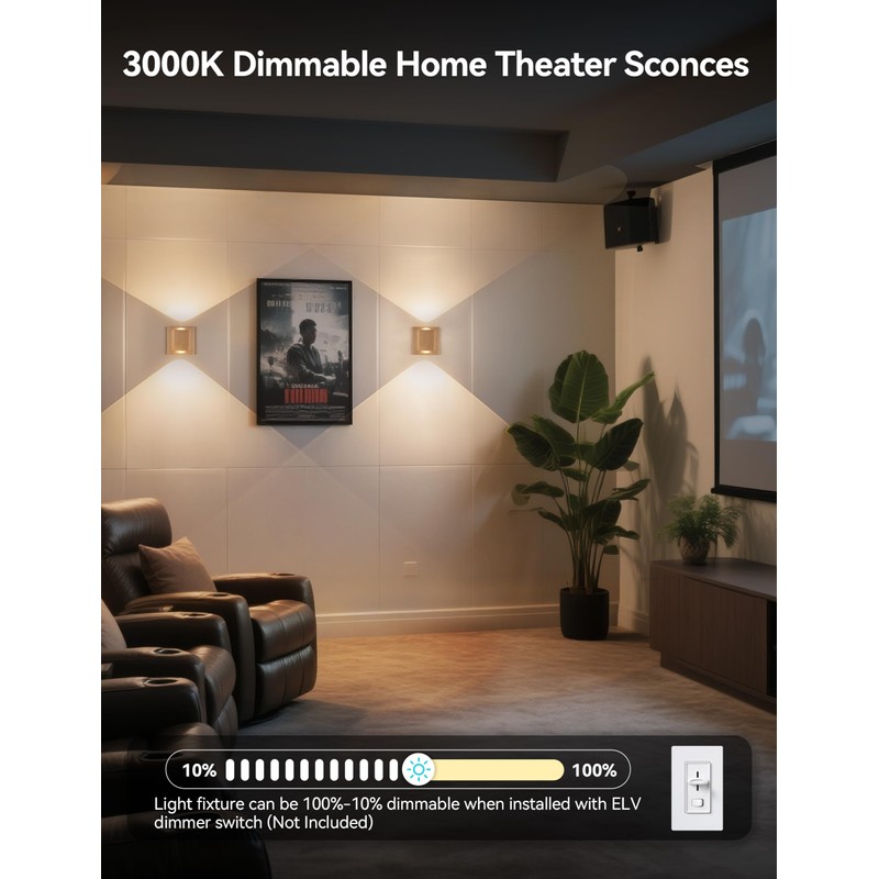 Tubicen Gold Wall Sconces Square Indoor Hardwired Dimmable Movie Theater