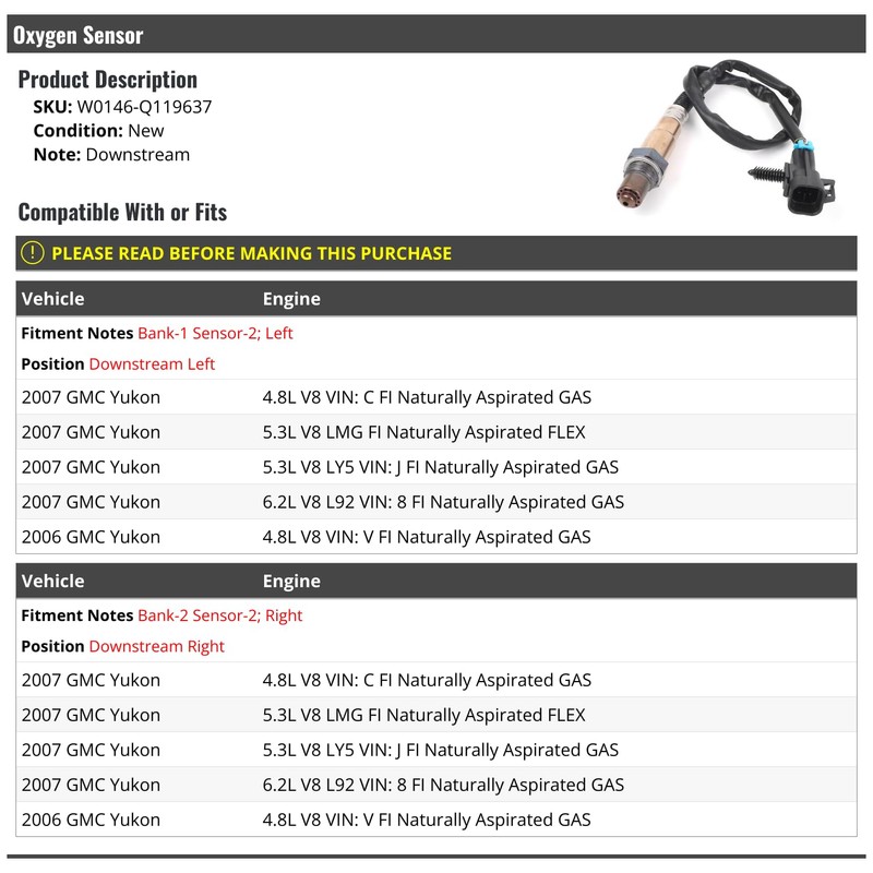 Downstream Oxygen Sensor - Compatible with 2006-2007 GMC Yukon