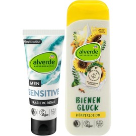 Alverde Naturkosmetik Set of 2 Body Care: Sensitive Nature Men Shaving Cream Without Fragrances & Alcohol for Sensitive Skin and a Gentle Shave (75 ml) + Body Lotion Bee Happiness (250 ml), 325 ml