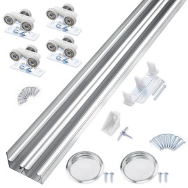 48"/4FT Bypass Sliding Door Hardware Kit for Cabinet Closet, Aluminum Alloy Hardware with Finger Pull, for 2 Door System, Smoothly and Quietly, Fit 24.5" Wide Panel, No Door
