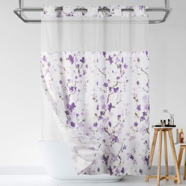 Lagute SnapHook Hook Free Shower Curtain with Snap-in Liner & See Through Top Window | Hotel Grade, Machine Washable | 71Wx74L, Purple Blossom