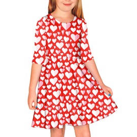 Valentine's Dress for Girls Kids 3/4 Sleeve Sweet Heart Printed Family Photo Red Skater Dress 7-8 Years