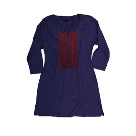 Ayurvastram Túnica de punto de algodón y licra, Bordado rojo en azul marino, L