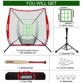7'x7' Portable Baseball Net Set - Batting, Hitting & Pitching Practice Net with Tee, Bat, Balls, Strike Zone, Carrying Bag, for All Skills