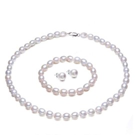 Treasure Bay Natural 7mm White Freshwater Pearl Necklace Bracelet and Earrings Women's Pearl Jewellery Set Gift for her