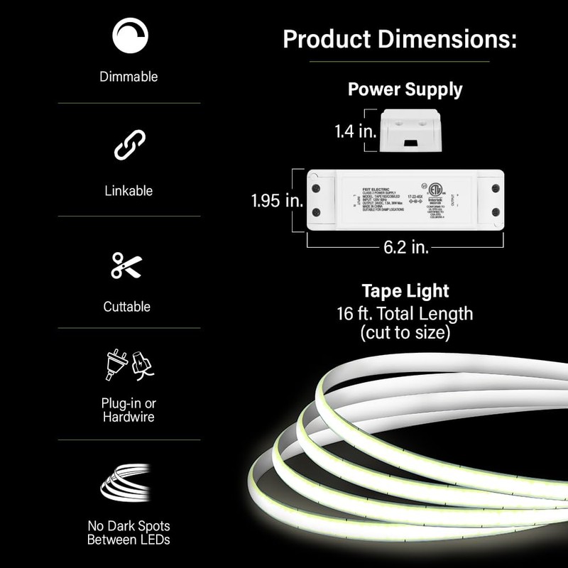 Feit Electric 16ft LED Tape Light, Dimmable, Plug-in/Direct Wire LED