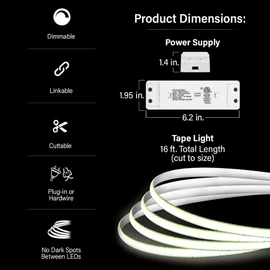 Feit Electric 16ft LED Tape Light, Dimmable, Plug-in/Direct Wire LED Ultrathin Strip Lights for Home, 2950 Lumens, 3000K Bright White, Remote Control Included, 25,000-Hour Lifetime, TAPE192/COB/LED