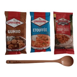 GeauxDat Cajun Favrit Foods Bundle: Creole Cajun Louisiana Gumbo Base, Etoufee Base, Shrimp Creole Base, bundled with GeauxDat Wooden Spoon