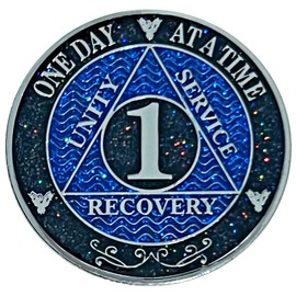 AA 1 Year Medallion, Silver Color Plated, Black Rainbow & Blue Glitter, Alcoholics Anonymous Coin