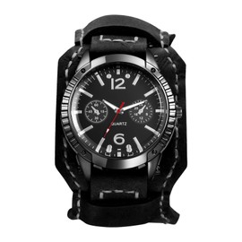 OIDEA Steampunk Leather Cuff Watch: Men Women Vintage Punk Rock Wide Leather Band Analog Quartz Wrsit Watches Big Face Round Dial Outdoor Casual Sport Watch, Black Strap