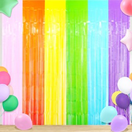 4Pack 3.3X6.6Ft Pastel Rainbow Foil Fringe Curtains Backdrop Decorations, Pastel Color Metallic Tinsel Foil Streamer Curtain Photo Booth Background for Birthday Wedding Bridal Shower Party Decorations