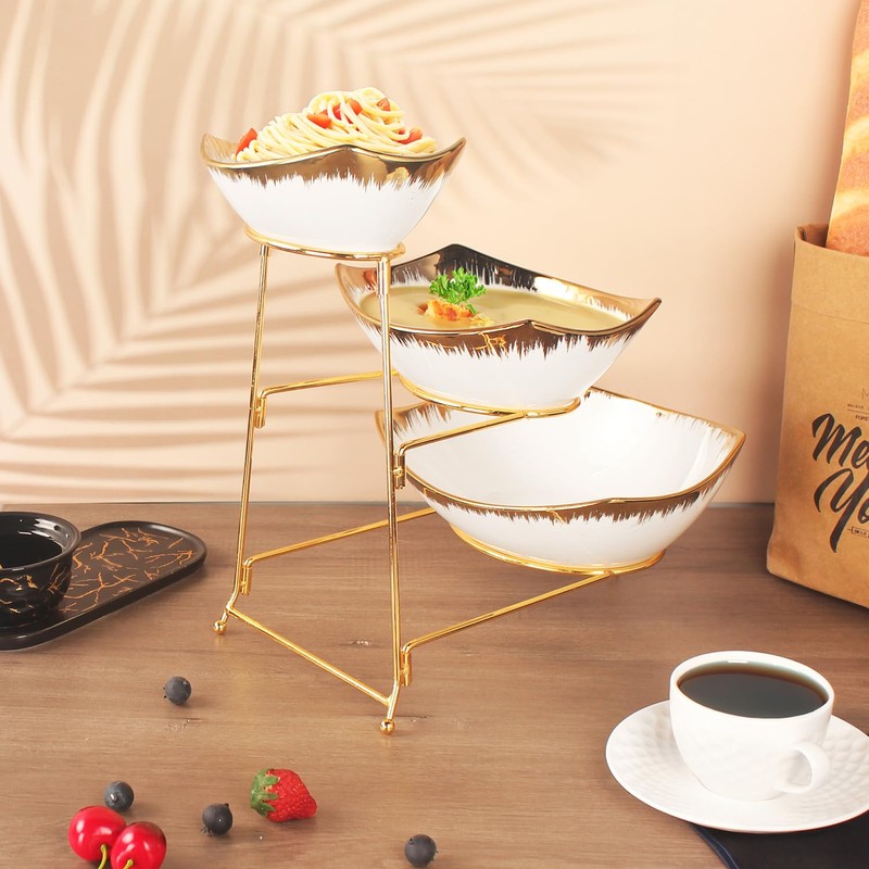 The LIUYWYHCF Three-Tier Ceramic Bowl Rack Features a Foldable Gold
