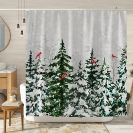 Winter Forest Shower Curtain Snowy Snowflakes Covered Pine Trees and Cardinal Christmas Shower Curtains for Bathroom Xmas Holiday Bathroom Decor Polyester Fabric Waterproof with Hooks 72x72 Inch