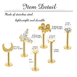 Besyvvin 6pcs Lip Bars Labret Studs 16G Stainless Steel Monroe Tragus Helix Medusa Piercing Studs 6mm Cartilage Jewellery