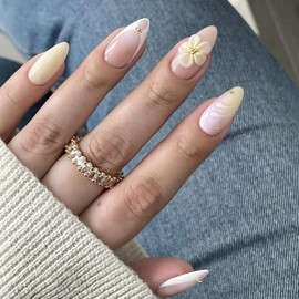 3D Press on Nails Medium Almond OFDNE White French Tip Fake Nails False Nails with Yellow Flower Designs Curve Line Glossy Glue on Nails Acrylic Nails for Women Girls 24Pcs