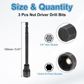 sourcing map 3pcs Hex Nut Driver Drill Bit 13mm Metric 6-Point Socket 1/4" Hex Shank Magnetic Setter CR-V Steel Bolt Sockets for Power Drills Impact Drivers, 5.91" (150mm) Long