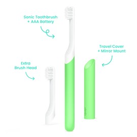 Quip Sonic Toothbrush for Kids with Timer - Includes Extra Brush Head and Travel Cover Mount - Electric, Soft Bristle Refill Head, Rubber Handle, 3 Month Battery Life - Glow in The Dark, Green