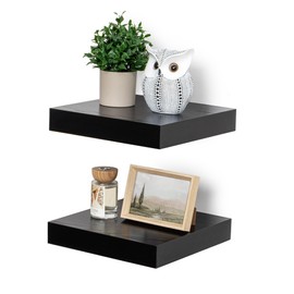 Fun Memories 12 Inch Floating Shelf, Rustic Wood Wall Shelves for Wall Decor & Storage, 12 x 12 Floating Shelf for Living Room, Bathroom, Bedroom, Black, Set of 2