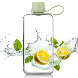 ImnBest Tritan Transparent Flat Water Bottle samll Water Bottle Slim Square Pocket Bottle Water Flask, BPA Free/Slim Design/Leak Proof Water Bottle for Travel, Outdoor, Sports (Matcha Green, 400ML)