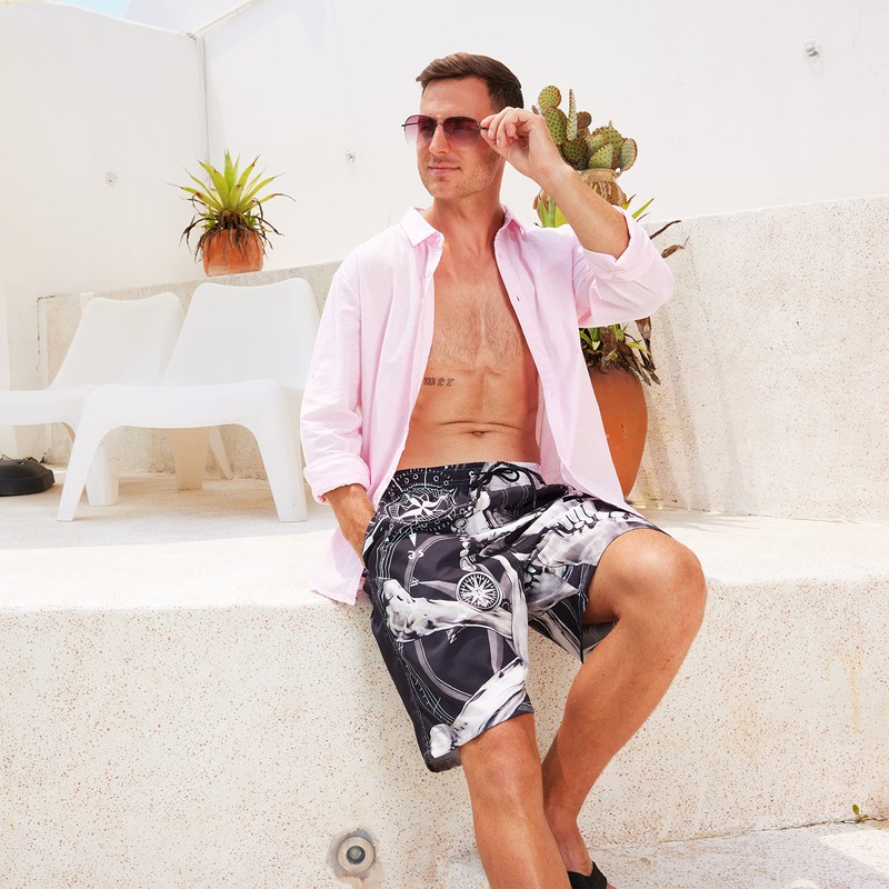 Mens Swim Trunks for Men, Black White Pirate Skull Compass