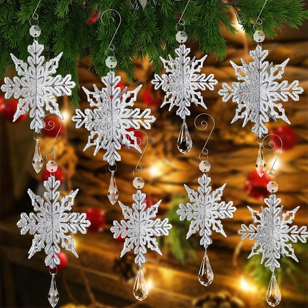 Christmas Tree Ornament Snowflake 3D Snowflake Ornament Christmas Ornament with Crystal Drop Winter Wonderland New Year Christmas Party Decor Store Decor Silver Set of 8