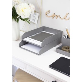 Bigso Box of Sweden 2er-Set Briefablage für den Schreibtisch – stapelbare Ablagefächer für Briefe, Dokumente usw, – Ordnungssystem aus Faserplatte mit Papier – grau