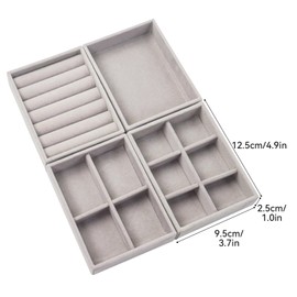 Nwvuop 4 Pack Jewellery Organizer Tray, Stackable Velvet Small Jewellery Trays for Drawer, Mini Jewelry Drawer Organiser Earring Organiser 4.92× 3.74× 1 inches(Grey)
